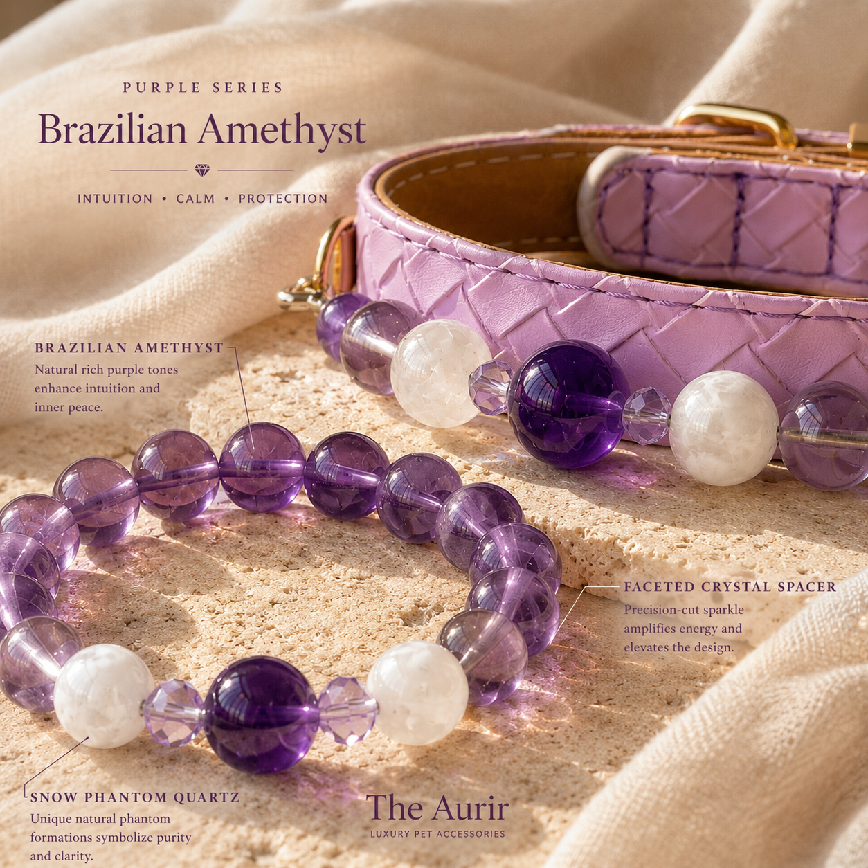 TheAurir crystal and collar material detail guide showing purple amethyst tones, white quartz, and faceted crystal spacers.