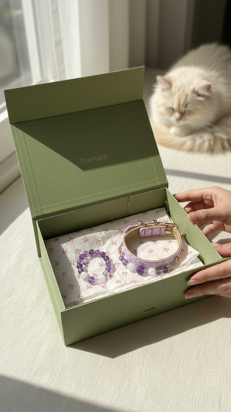 TheAurir Companion Box opened with the lavender collar and matching bracelet inside.