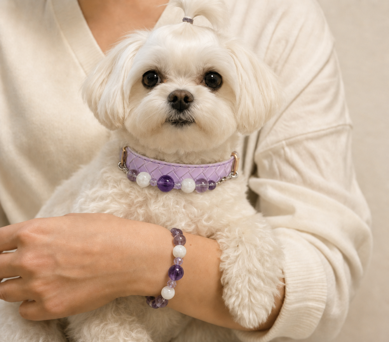 Customer photo of Mochi wearing the lavender collar with the matching bracelet visible.