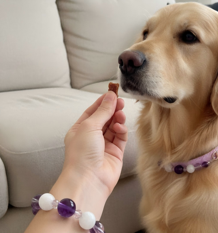 Customer photo of Honey wearing the purple crystal collar while Grace wears the bracelet.
